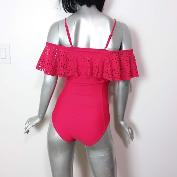SALE!!Small Solid Red Off-the-shoulder Ruffles One-piece Swimsuit Sexy High Rise - Picture 4 of 6